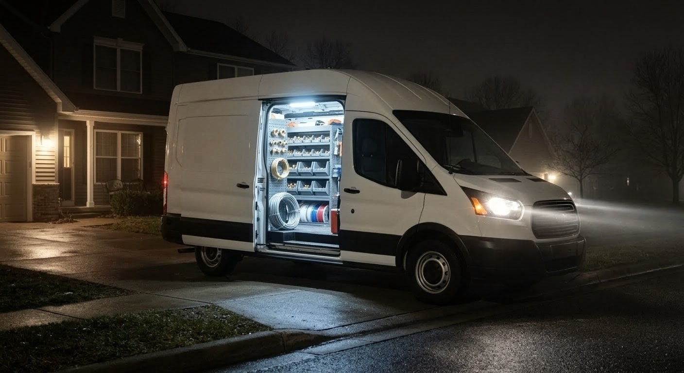 Plumbing service van with equipment ready for emergency call at night
